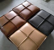 Savanna Leather Cube Ottoman in full-grain tan leather with reverse stitching — handcrafted by Maree Meubels, South Africa.