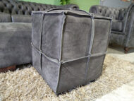 Savanna Leather Cube Ottoman in full-grain tan leather with reverse stitching — handcrafted by Maree Meubels, South Africa.