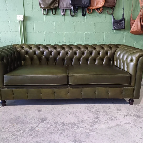 3 Seater Chesterfield in Etosha Emerald leather with bronze studs and polished wooden legs by Maree Meubels in Brackenfell Cape Town