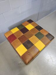Patchwork Savanna Leather Ottoman handcrafted in full-grain leather with stitched patchwork design by Maree Meubels.