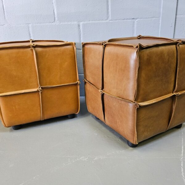 Savanna Leather Cube Ottoman in full-grain tan leather with reverse stitching — handcrafted by Maree Meubels, South Africa.