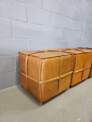 Savanna Leather Cube Ottoman in full-grain tan leather with reverse stitching — handcrafted by Maree Meubels, South Africa.