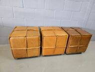 Savanna Leather Cube Ottoman in full-grain tan leather with reverse stitching — handcrafted by Maree Meubels, South Africa.