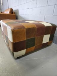 Patchwork Savanna Leather Ottoman handcrafted in full-grain leather with stitched patchwork design by Maree Meubels.